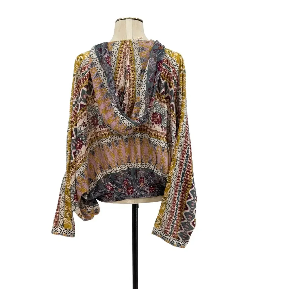 Free People Hold On Tight Gauze Pullover‎ Top Hooded Floral Paisley XS Small